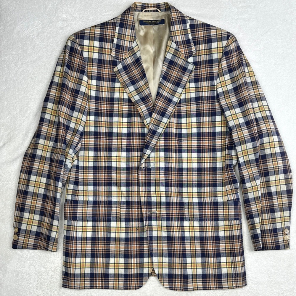 Brooks Brothers Vintage Mens 43R Plaid Blazer Navy Tan Yellow Two Button Jacket